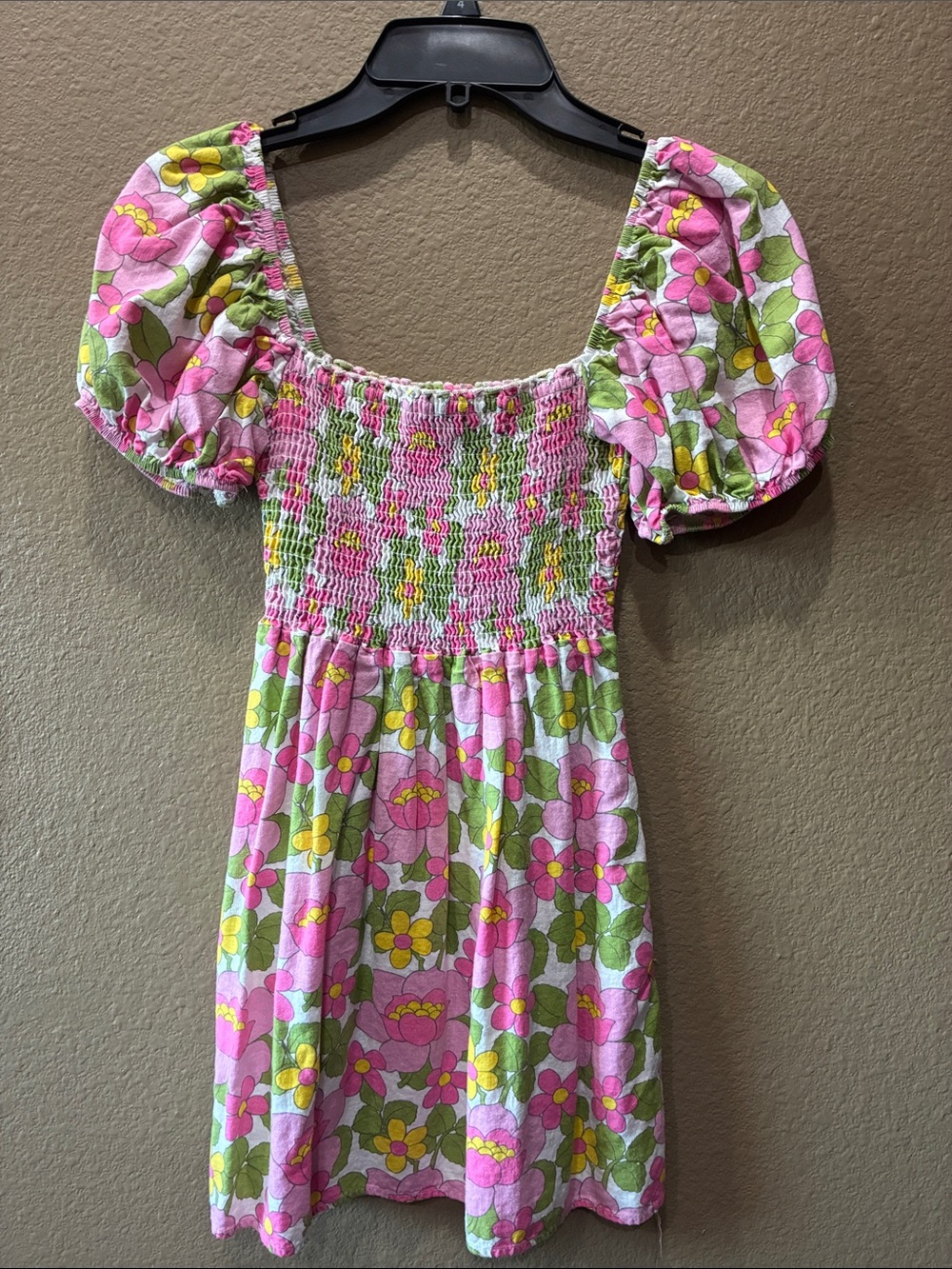 Show Me Your MuMu Pink Floral Puff-Sleeve Smocked Dress